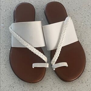 White Braided Toe-Ring Slide Sandals with Wide Elastic Upper